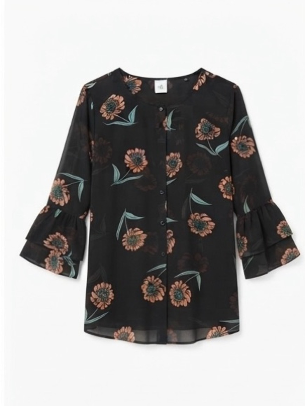 CAbi Black Floral Button-Front Blouse with Ruffle Sleeves
